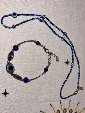 Blue Beaded Evil Eye Necklace and Bracelet Set